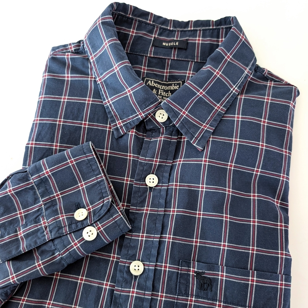 Abercrombie & Fitch Muscle Fit Windowpane Plaid Cotton Button-Down Shirt - Large